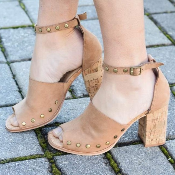 Genuine Leather Studs Cork Heel Peep Toe Sandals - Picture 1 of 6
